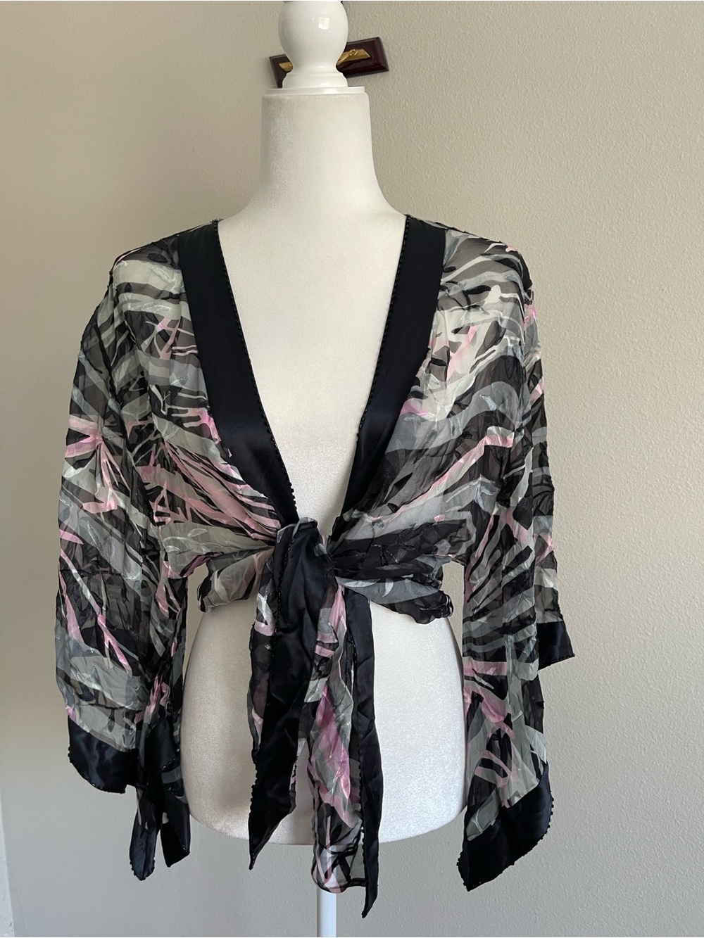 Sheer Black and Pink Tie-Front Shrug